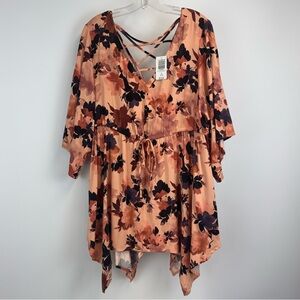 Torrid Babydoll Tunic Floral Peach Stretch Challis Top Size 1 NWT
